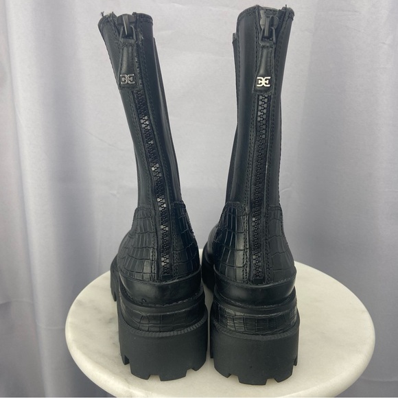 Sam Edelman Genia Smooth and Croc Effect Black Leather Chunky Heel Boot Size 7.5 - Picture 3 of 12